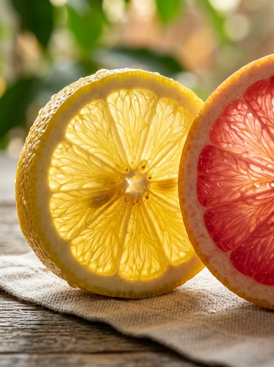 Sun-drenched organic citrus fruit with translucent juice vesicles